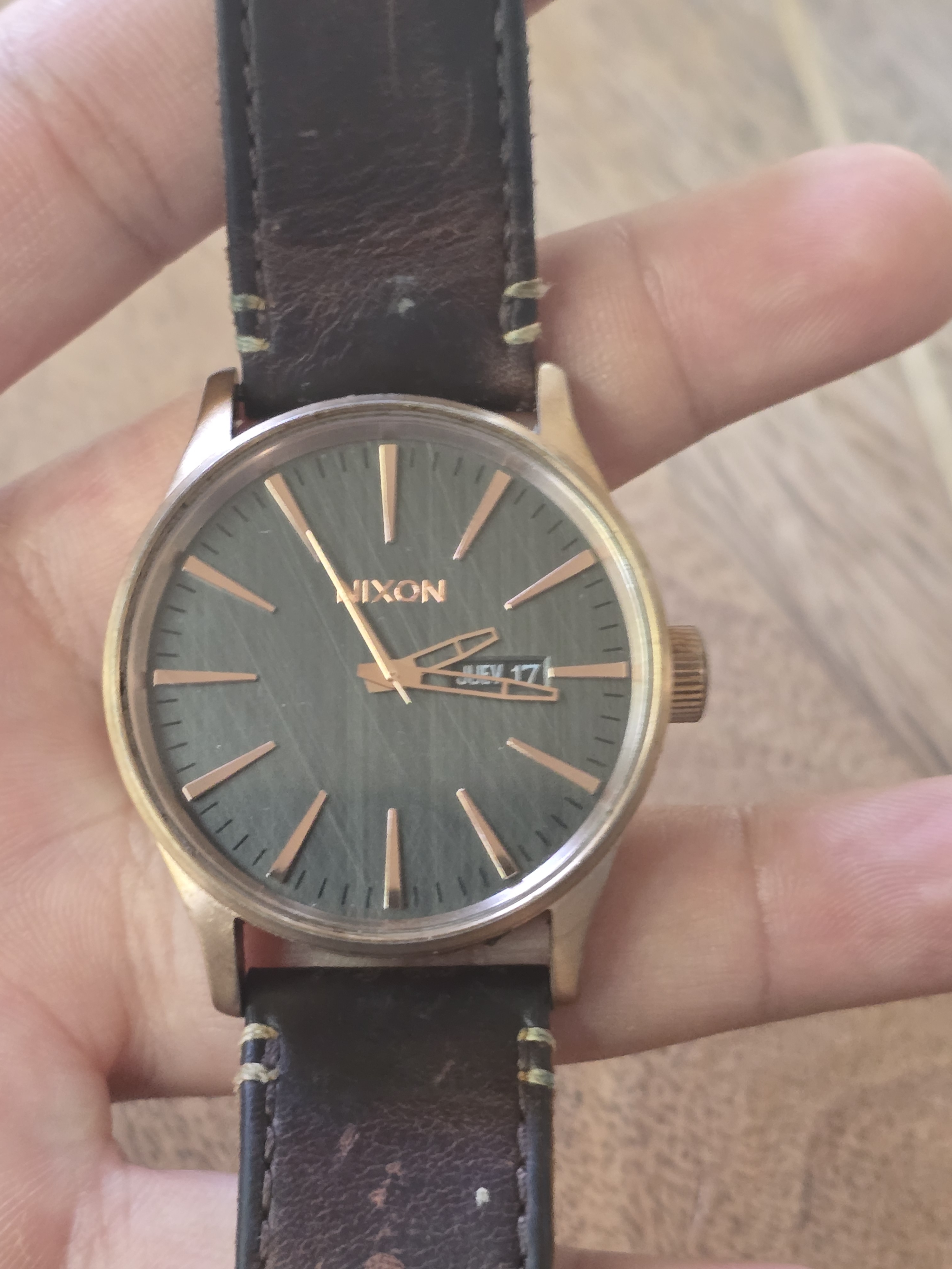 Nixon Rose Gold Case Watch With Green Dial And Dark Brown Strap